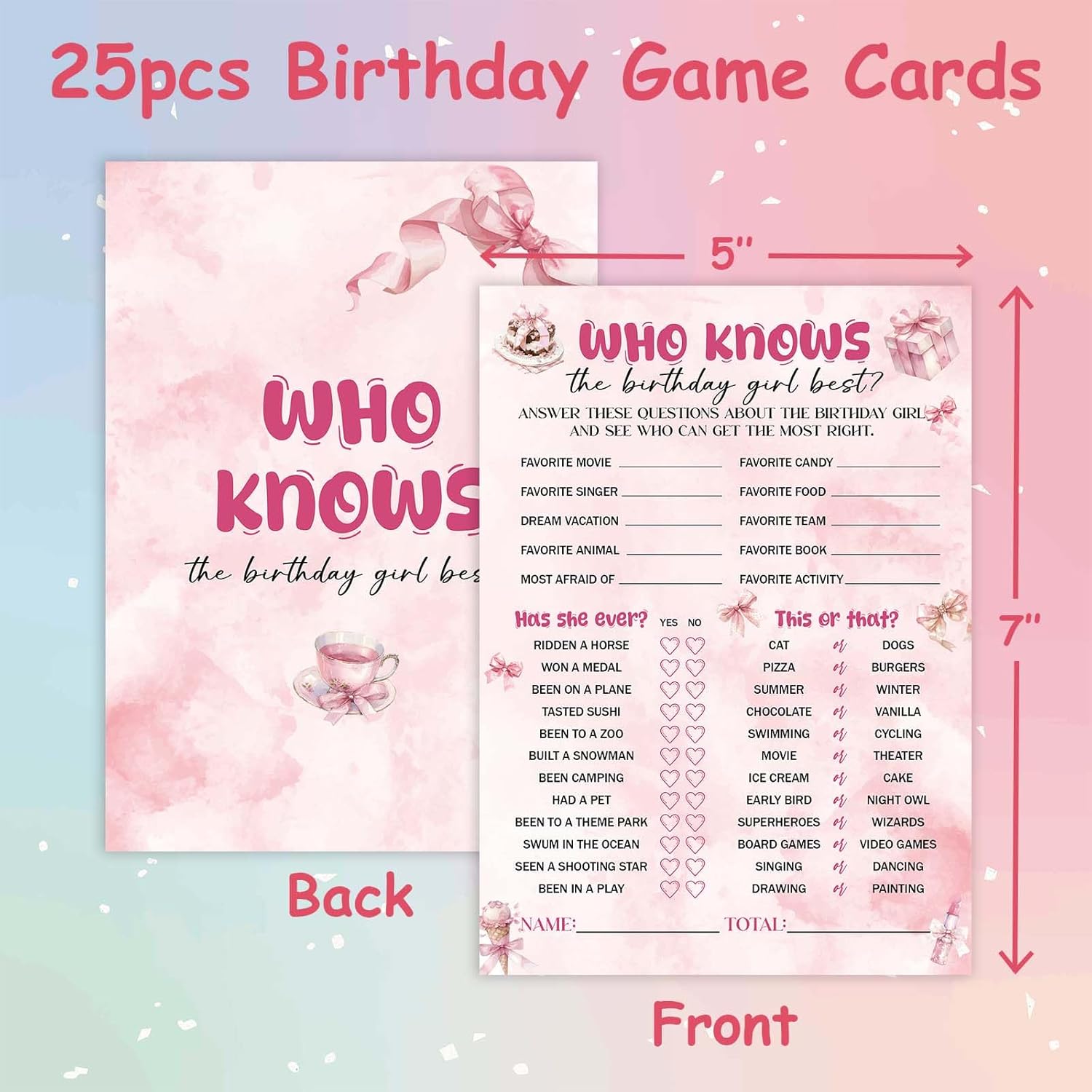 Who Knows The Birthday Girl Best, 25 Pcs Pink Bow Birthday Party Game Cards For Girls, Slumber Sleepover Party Games Decorations Supplies - A03