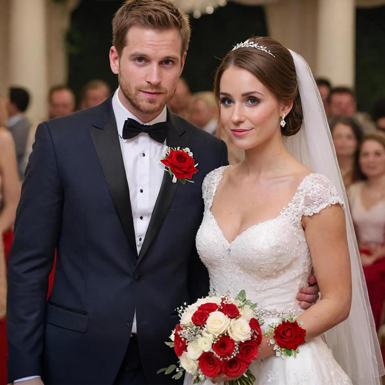 2Pcs Red Rose Corsage Set Pearl Hand Flower Wrist Corsage For Wedding Party Homecoming Ceremony Anniversary Prom Flower Corsages Bridal Bridesmaid Women
