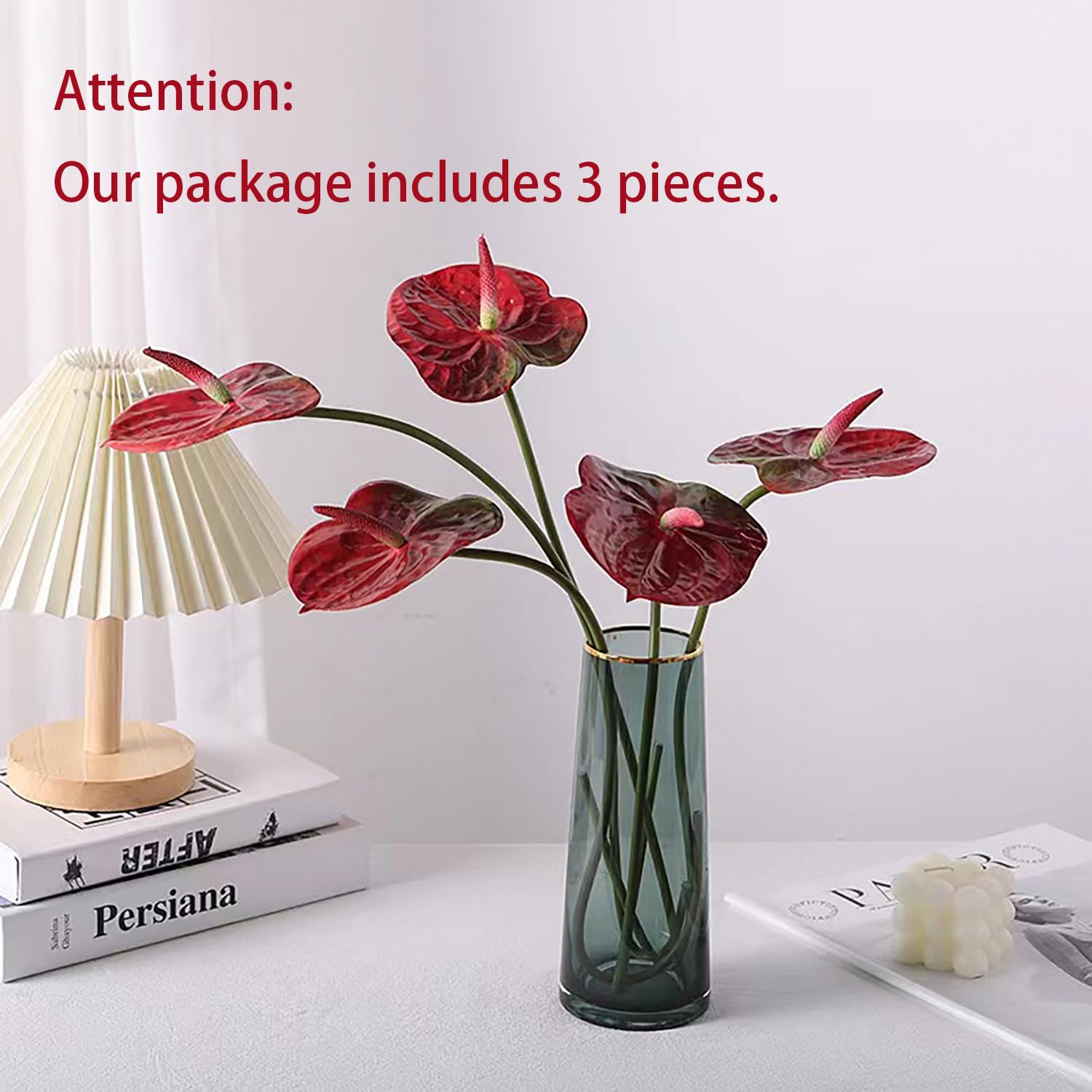 3Pcs Artificial Anthurium Lily Flowers 22" Red Fake Tropical Flowers For Vase Bouquets Home Office Wedding Decor(Red)