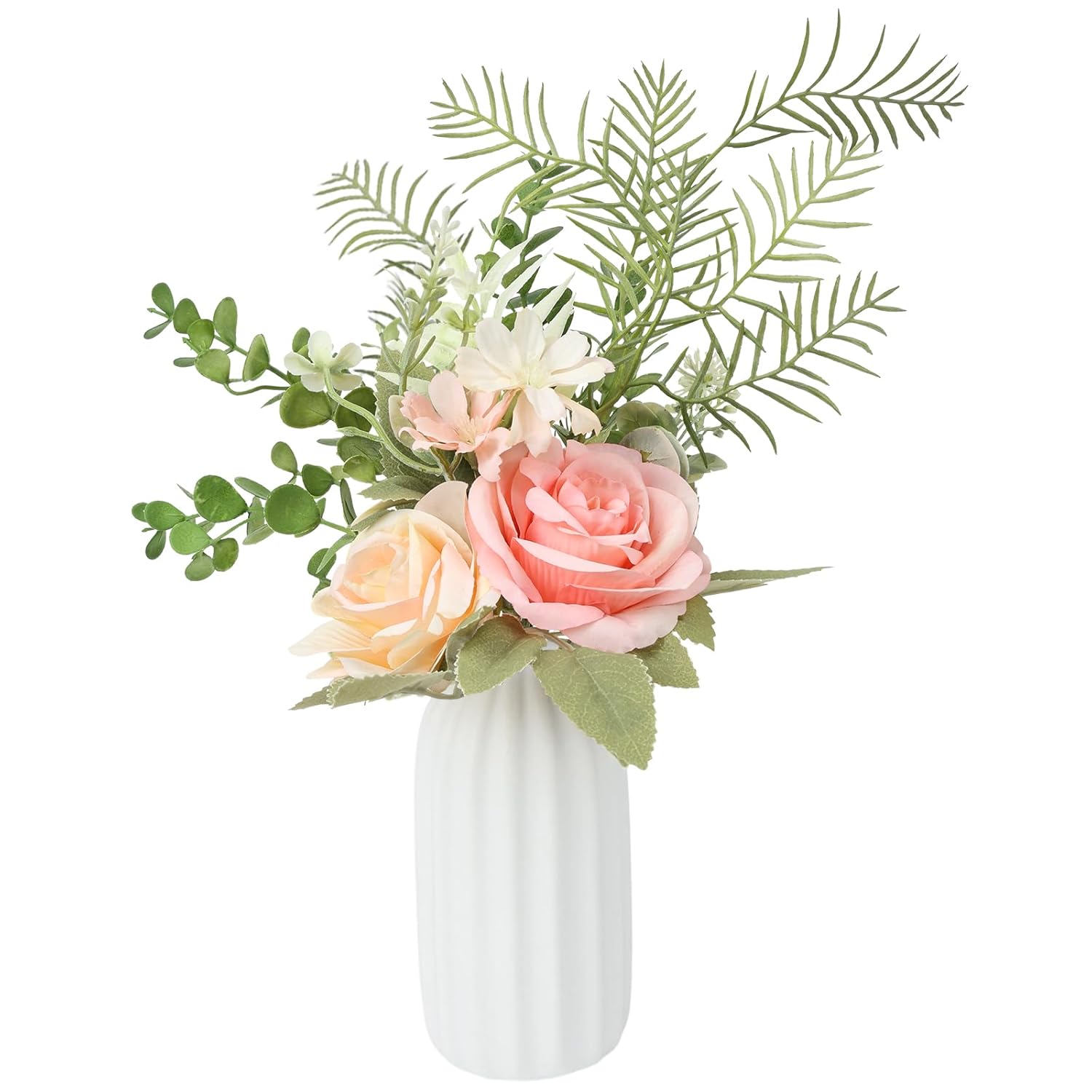 Faux Flowers With Vase - Rose Artificial Flowers In Vase For Coffee Table Centerpiece Entryway Decoration, Rustic Floral Arrangement For Living Room Kitchen Farmhouse Home Decor