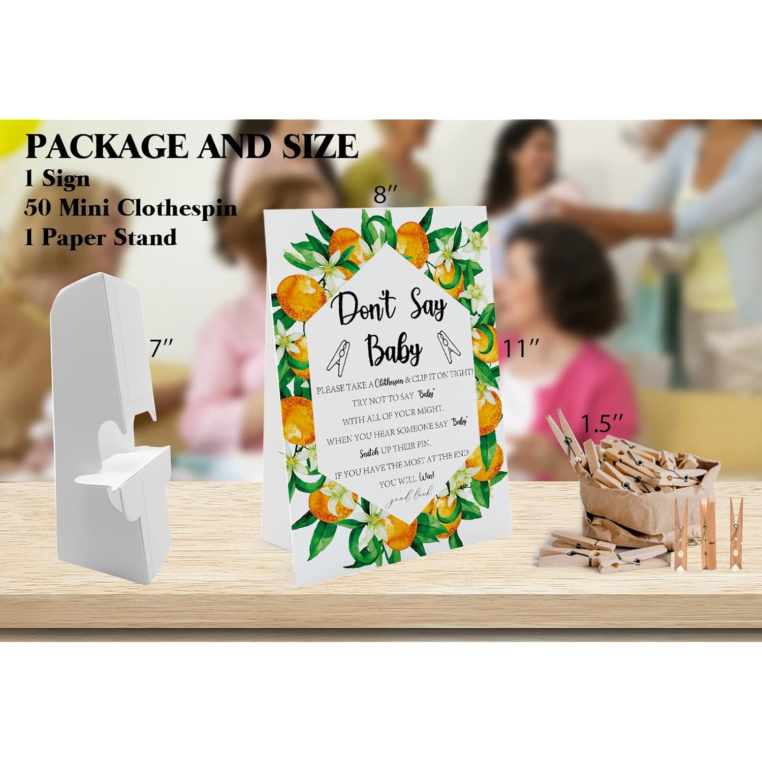 Don'T Say Baby Game - Orange Citrus (1 Sign & 50 Mini Natural Clothespins) - Gender Neutral Baby Shower Game