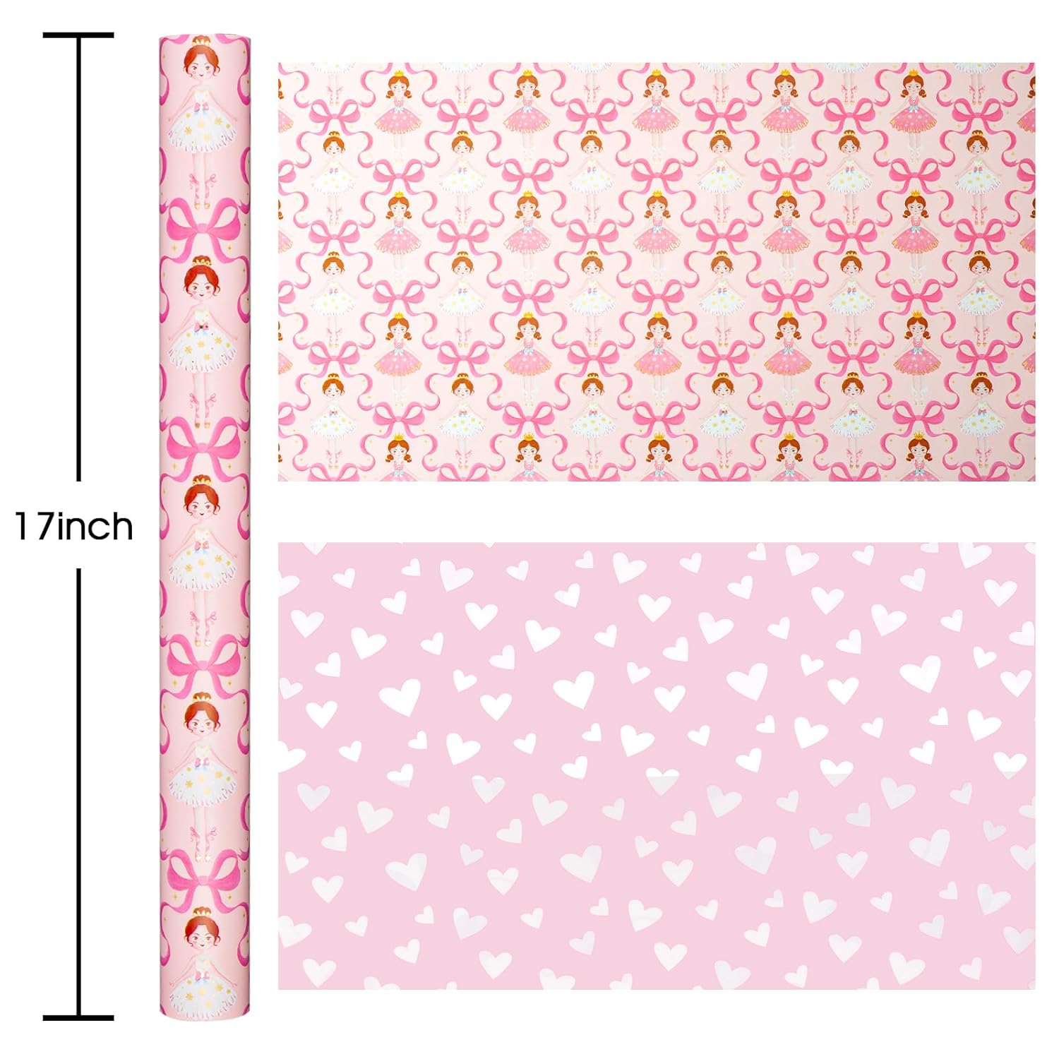 Pink Ballerina Wrapping Paper Roll - Ballet Princess With Bowknots & Heart Pattern, Reversible Gift Wrap For Girls Birthday, Baby Shower, Bridal Shower, Party - Mini Roll - 17 Inch X 16.5 Feet