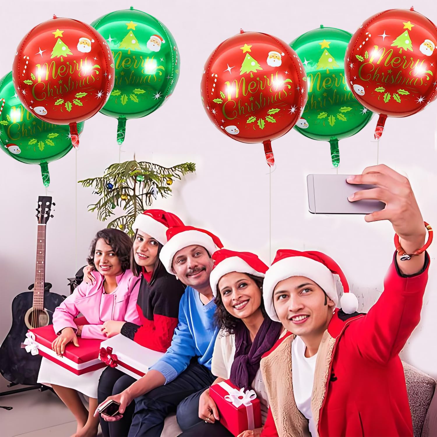 6Pcs Foil Red And Green Balloons For Christmas Party Decorations, Indoor Decorations And Holiday Christmas Party Favors