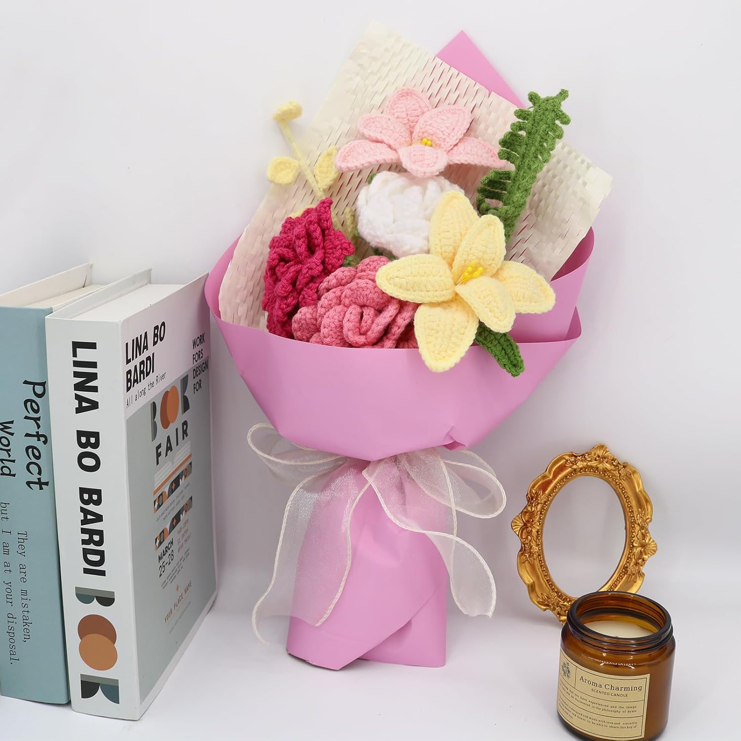 Crochet Flowers Finished Bouquet Crocheted Cotton Thread Flowers, Handmade Crochet Rose Tulip Fern Leaf As A Gift For Lover, Friends. Artificial Flower (Pink)