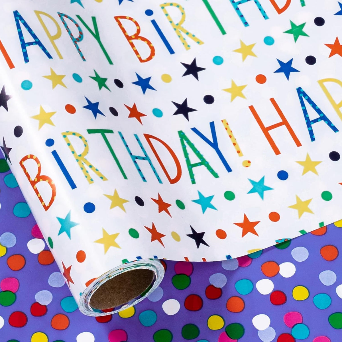 Birthday Wrapping Paper Roll, Happy Birthday Lettering, Stars, & Colorful Dots In Purple, 17 Inches X 32.8 Feet (46.45 Sq.Ft.)
