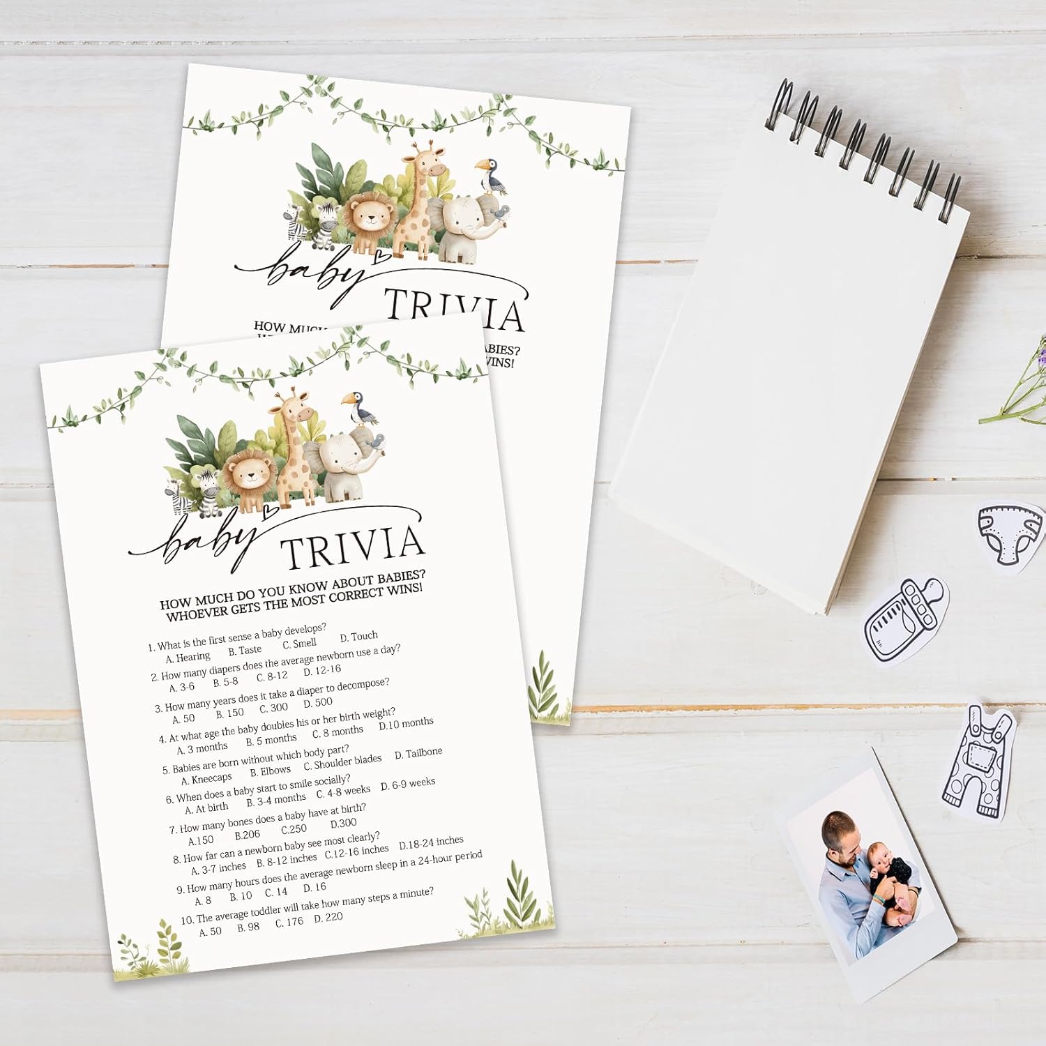 Safari Animals Baby Shower Game Cards, Woodland Theme, 30 Trivia Games With Answer Card