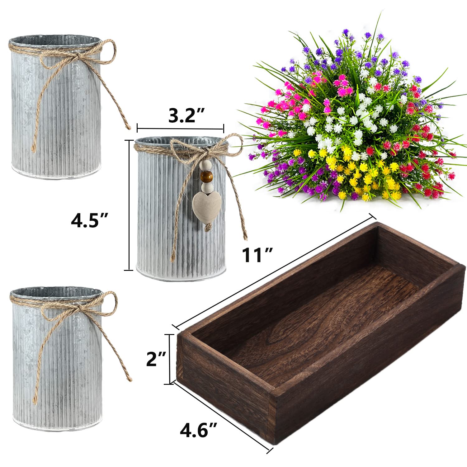 Decorative Centerpiece Wooden Tray With 3 Metal Potted Artificial Babys Breath Gypsophila Plant Flowers Rustic Country Farmhouse Décor For Dining Room, Living Room And Kitchen Table