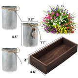Decorative Centerpiece Wooden Tray With 3 Metal Potted Artificial Babys Breath Gypsophila Plant Flowers Rustic Country Farmhouse Décor For Dining Room, Living Room And Kitchen Table