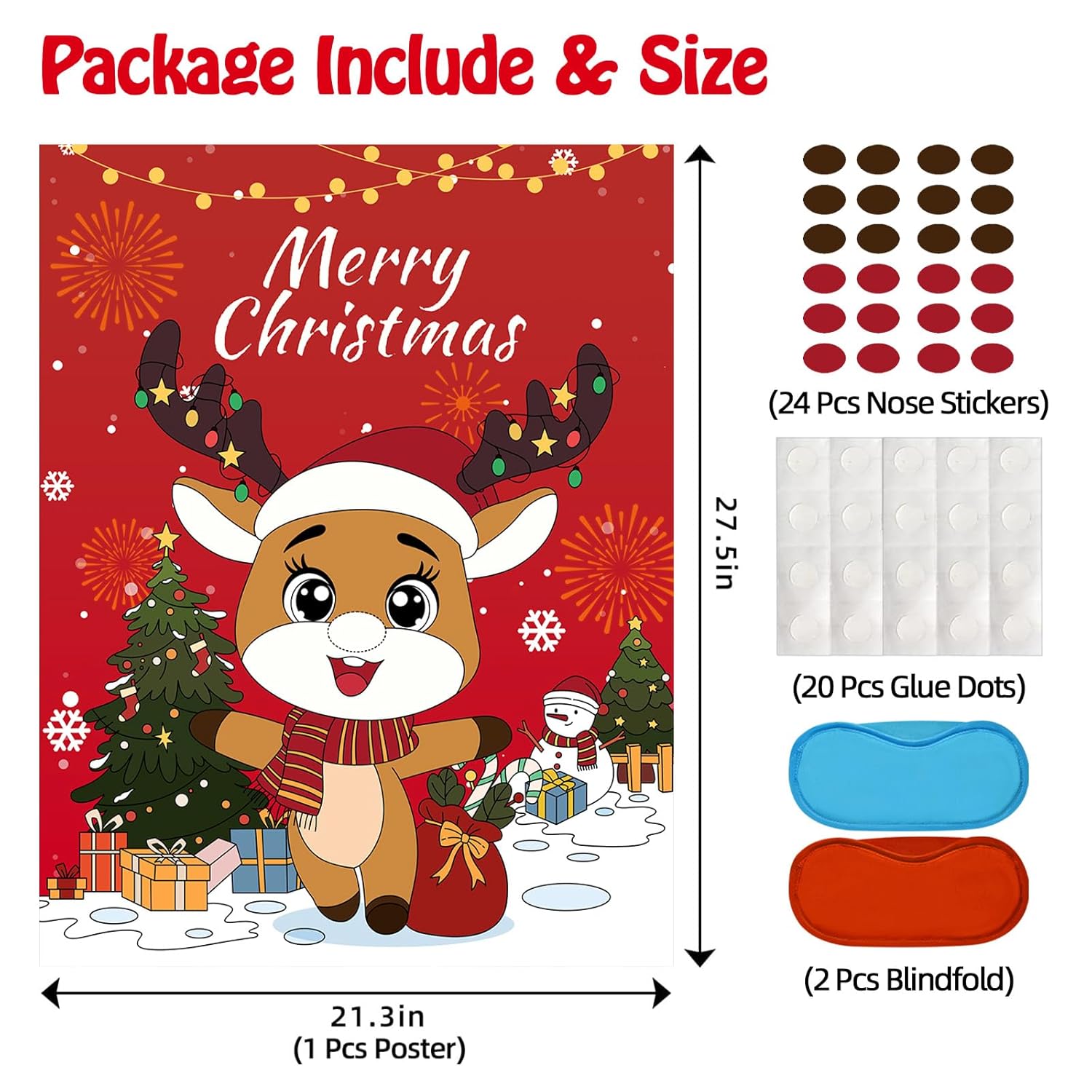 Christmas Games - Pin The Nose On The Reindeer Games For Families Party, Cute Indoor Christmas Home Decor Party Decorations, Xmas Activities Presents Holiday Decor, Red