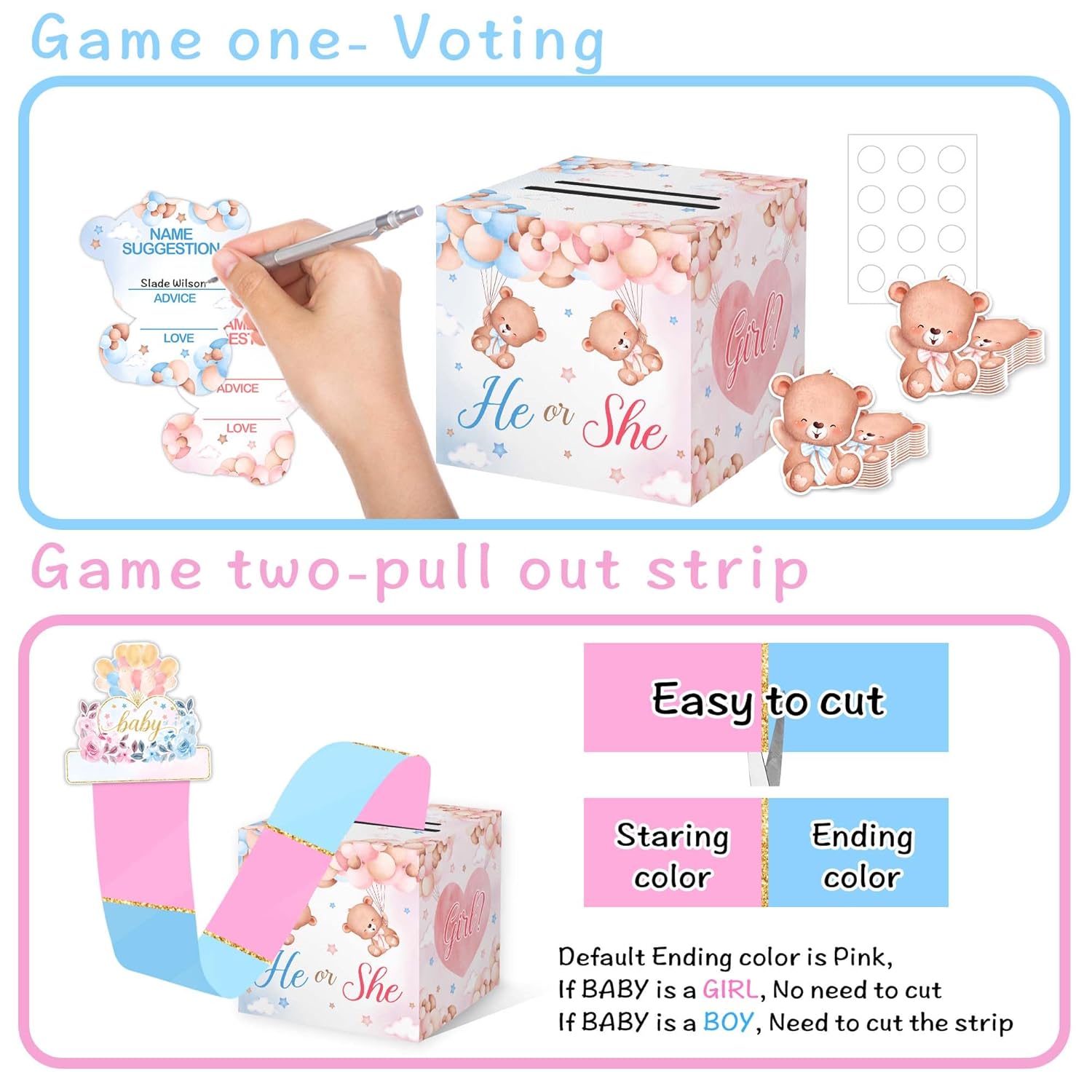 Gender Reveal Pull Out Game, Ballon Bear Gender Reveal Box, Baby Shower Game For Guests, Voting Box With 50 Ballot Cards, Boy Or Girl, Baby Shower Game Decoration