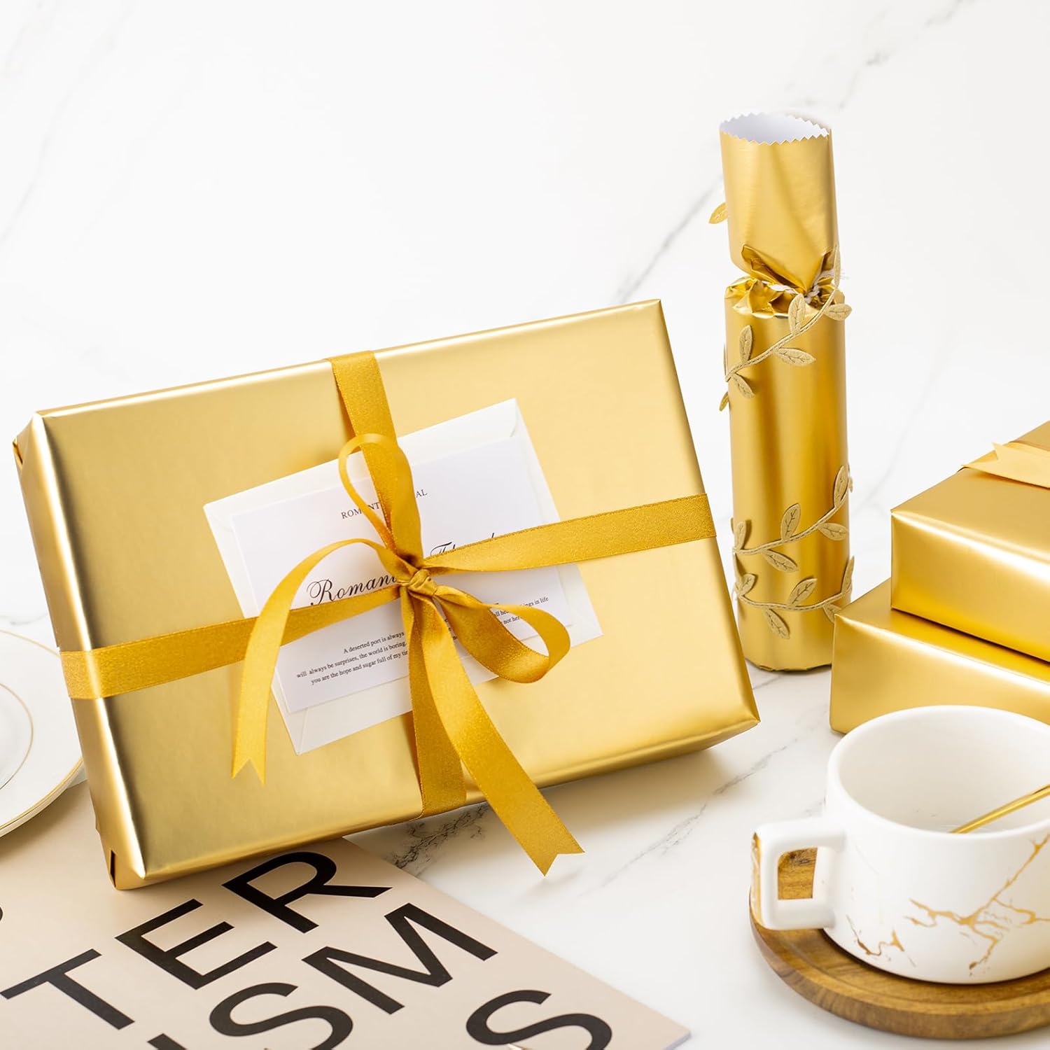 Mini Wrapping Paper Roll-46.8 Sqft. Matte Gold Solid Color For Birthday, Christmas, Wedding, Baby Shower, Holiday, Bridal Shower-17In X 33Ft