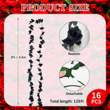 16Pcs 126Ft Black Rose Garland, Fake Rose Hanging Flowers, Artificial Flower Vine, Hanging Floral Vine Garland For Wedding, Birthday Party, Wall Arch, Halloween, Christmas Garden Backdrop Decor