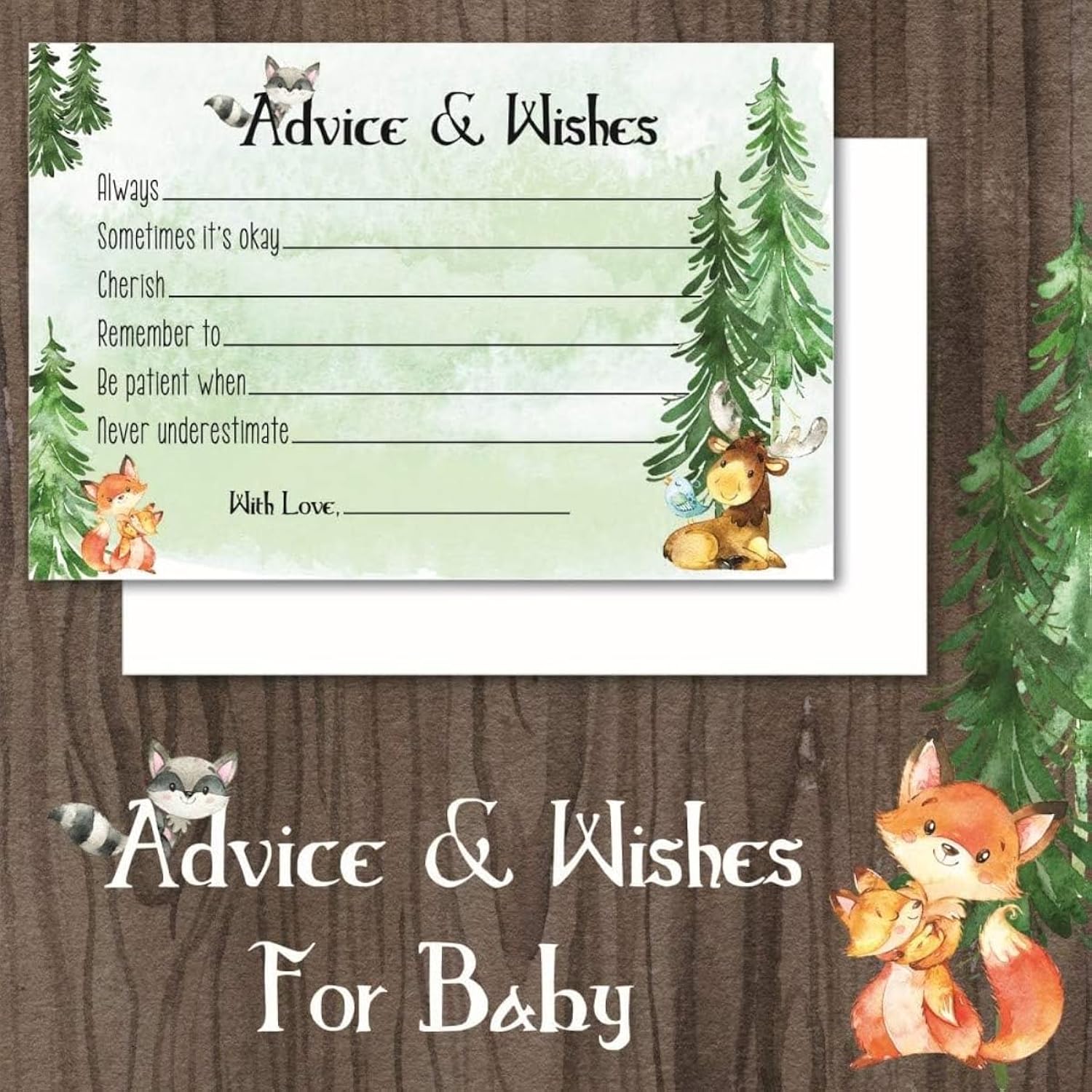 Woodland Creatures Baby Shower Games - 50 Advice Cards For Mommy - Forest Animals - Guest Book Alternative - Well Wishes - Predictions - Rustic Woodland Party Supplies (50 Advice & Wishes Cards)