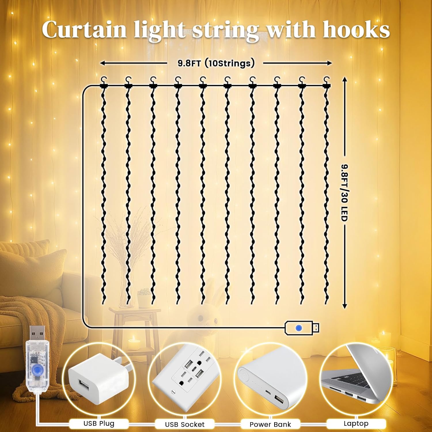 300 Led Fairy Curtain Lights, 9.8Ft X 9.8Ft Battery Operated With 8 Modes Remote Christmas Waterproof String Hanging Lig