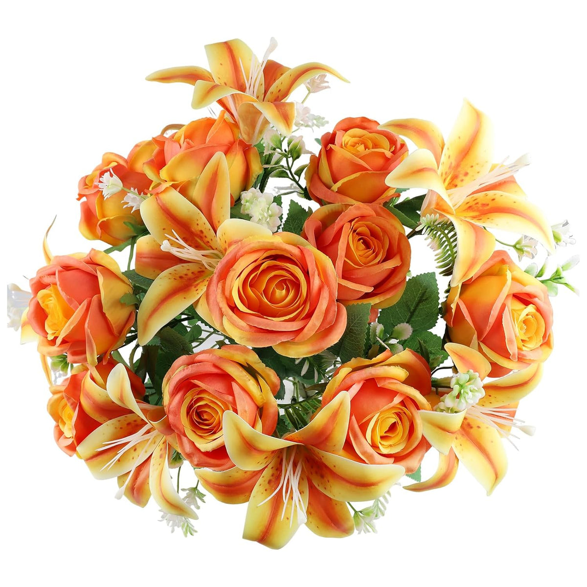 2 Set Artificial Cemetery Flowers With Grave Vase-2 Bunches Lilies & Rose Mixed Orangish Yellow Silk Memorial Flowers-2 Cemetry Vase With Foam For Outdoor Headstones Gravesite Graveyard Decorations