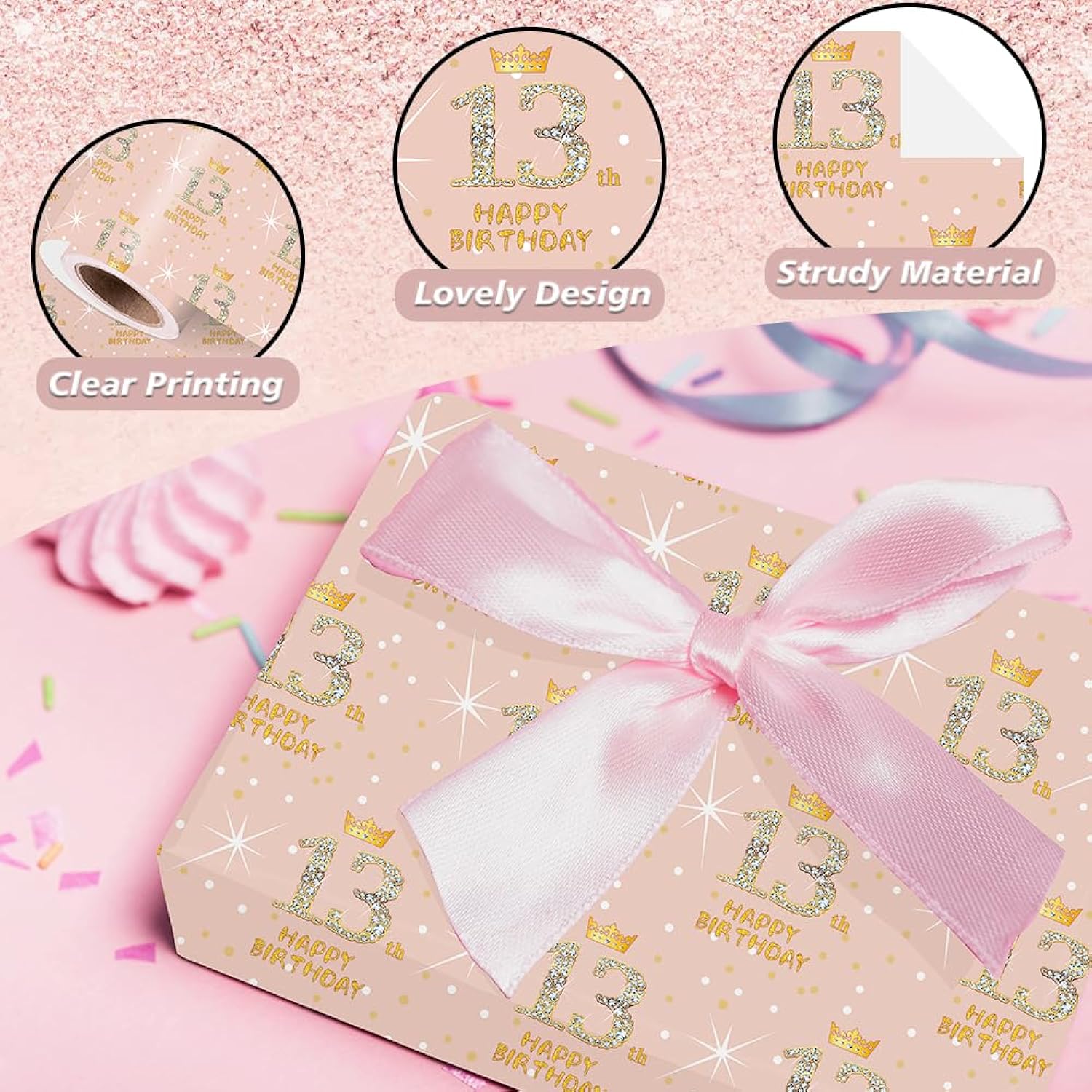 Happy 13Th Birthday Wrapping Paper For 13Th Birthday Girls, Rose Gold 13Th Birthday Decorations For Girls, Mini Roll 17 Inches X 16.4 Feet, 13Th Birthday Gifts Ideas For Daughter Granddaughter Friends