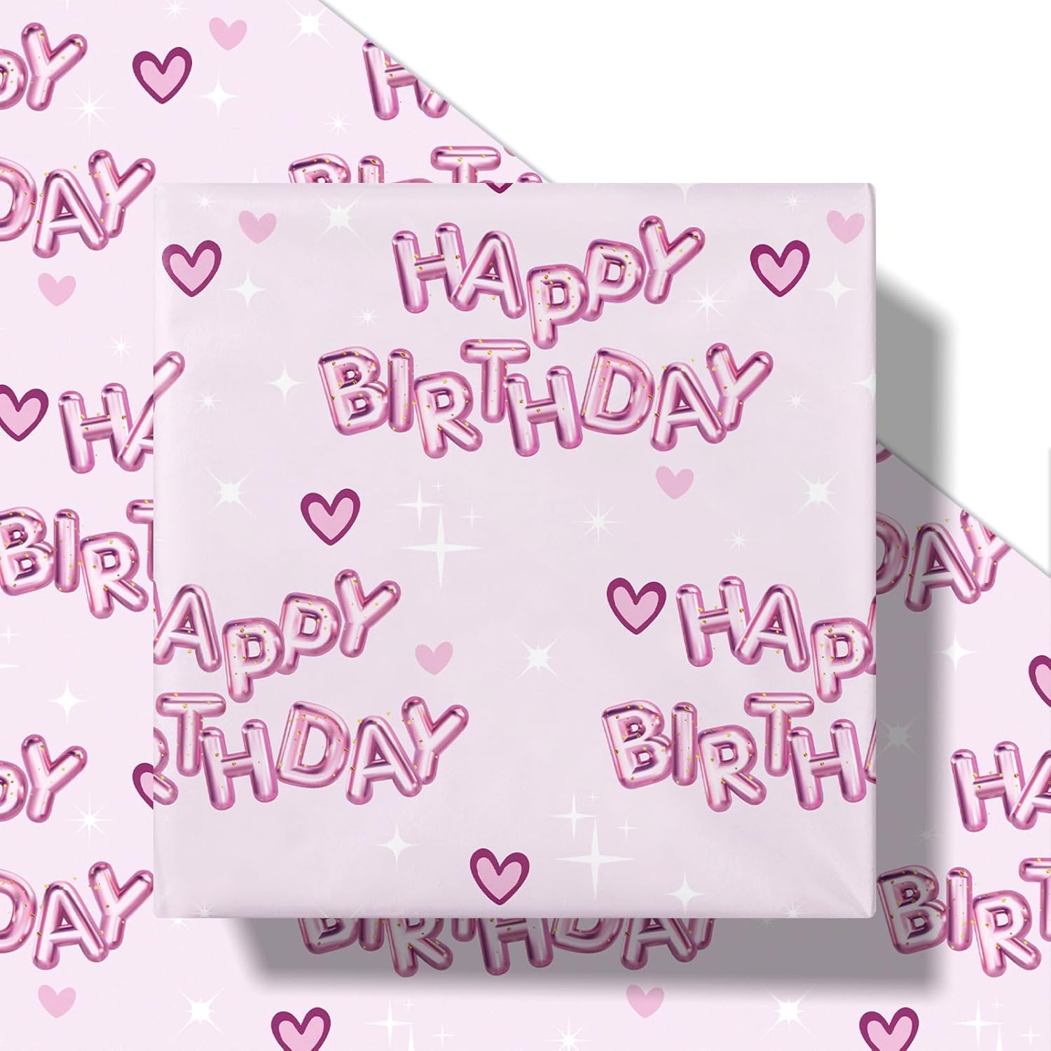 Birthday Wrapping Paper Women Girls, Mini Roll, Hearts And Pink Happy Birthday Balloons Design Gift Wrap Paper Perfect For Girls' Party Gifts, 17 Inches X 16.4 Feet