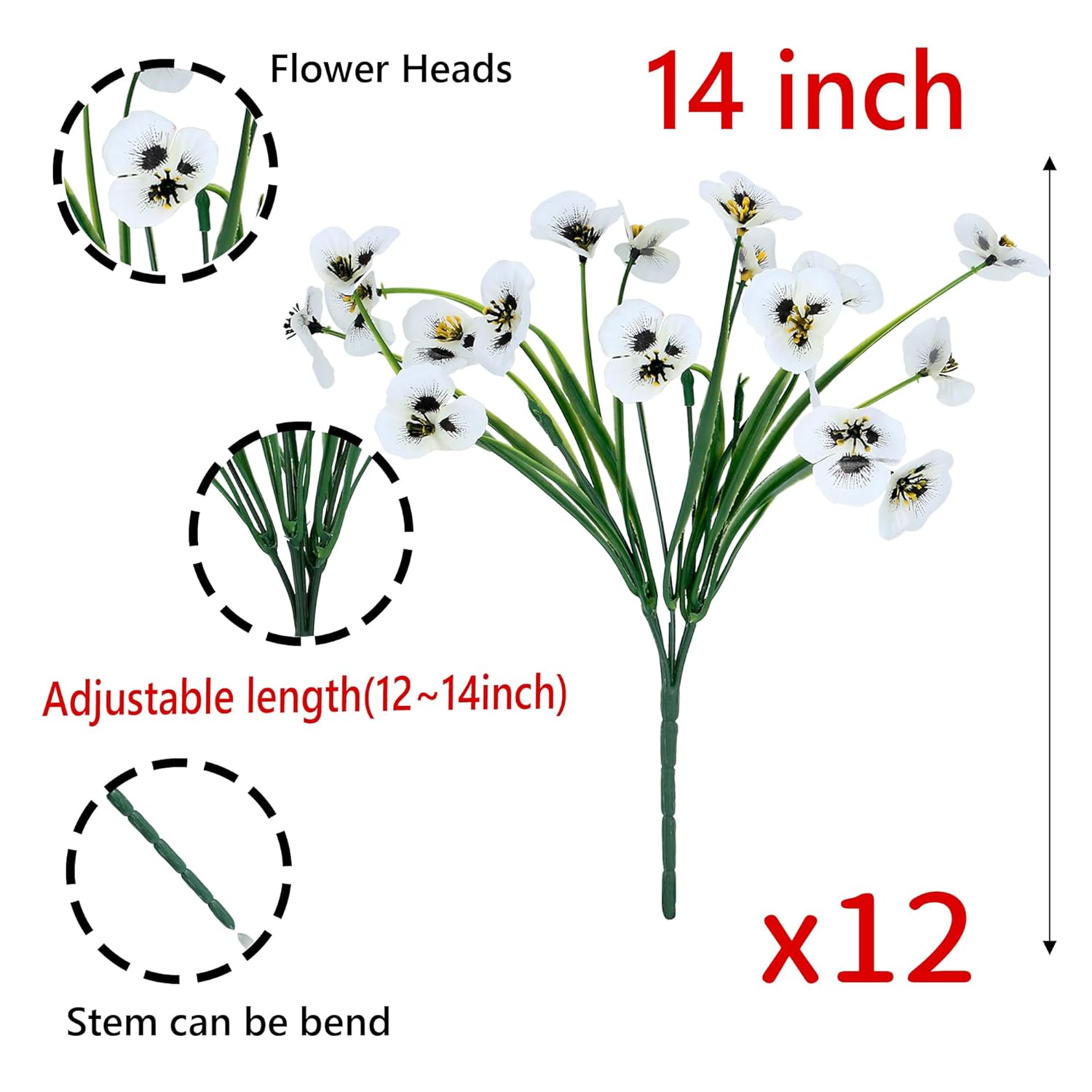 12 Bundles White Artificial Flowers Outdoor Pansy Fake Flower Plastic Uv Resistant Faux Plants For Home Garden Porch Yard Patio Window Farmhouse Outside Summer Decor