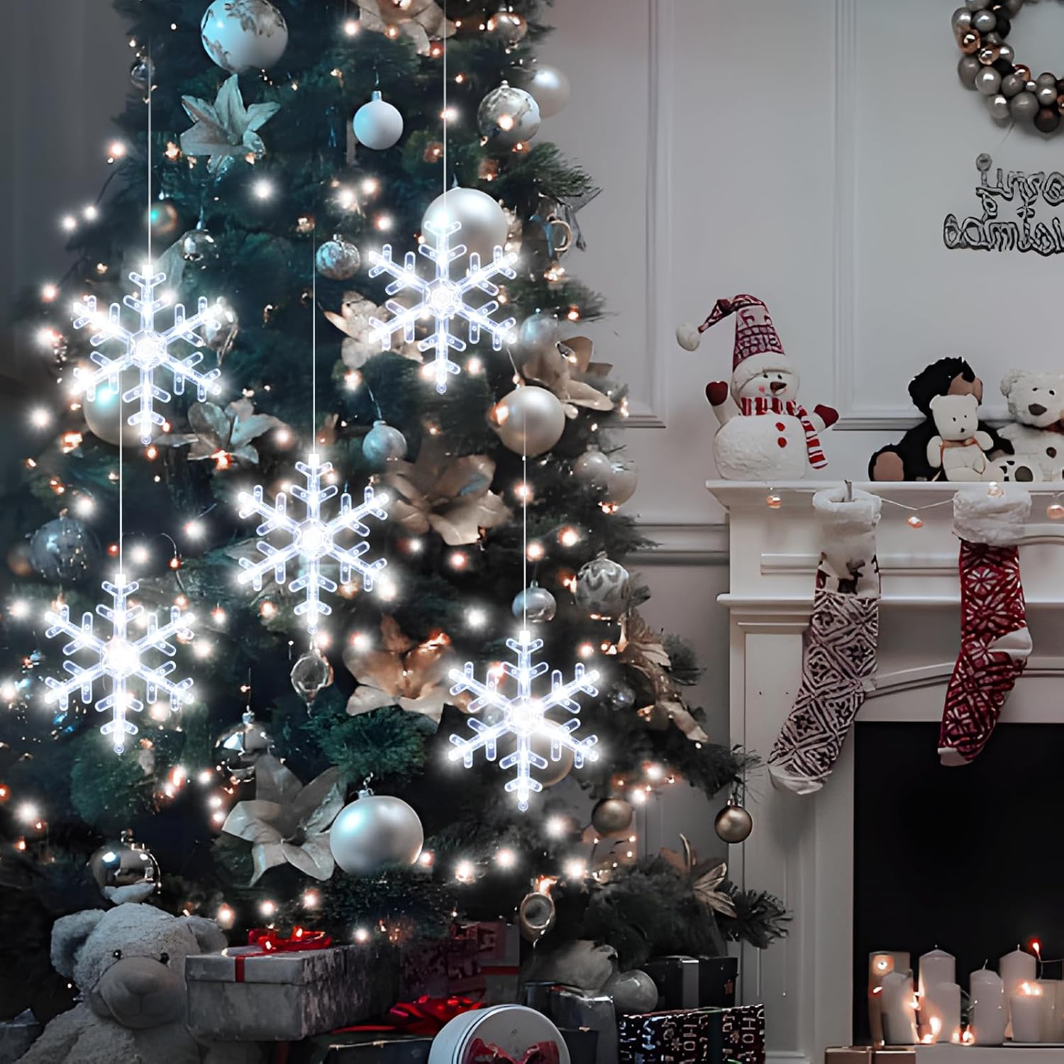 5Pcs Christmas Window Lights Decorations With Timer,Battery Powered Christmas Hanging White Lighted Snowflake Shaped Led