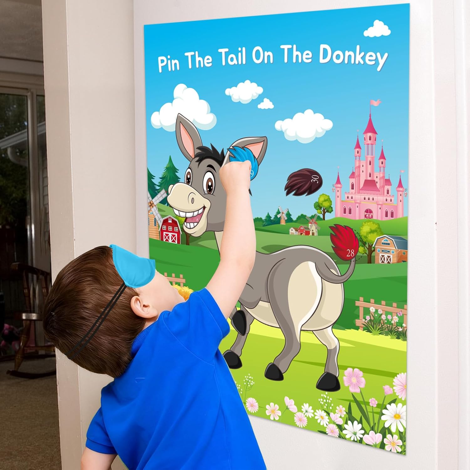 Pin The Tail On The Donkey Game For Birthday Party, Fun Carnival Farm Party Activity Crafts With Tail Stickers And Eye Mask, Party Decorations Supplies For Boys Girls
