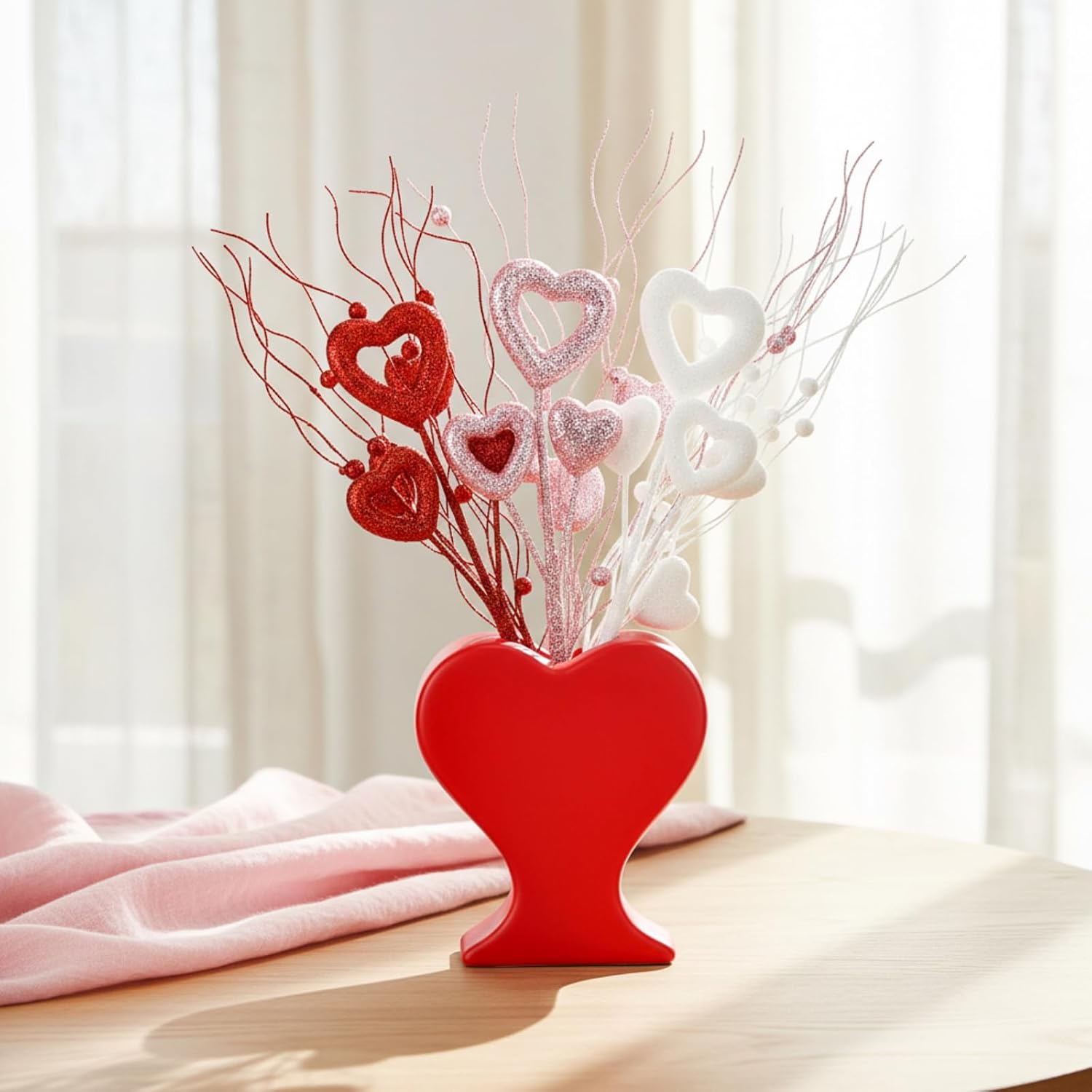 6 Pcs Valentine'S Day Heart Shaped Glitter Picks And Heart Vase Decoration Table Centerpiece Romantic Red Pink Stem Picks With Flower Vase For Valentines Day Wedding Anniversary Party Decor