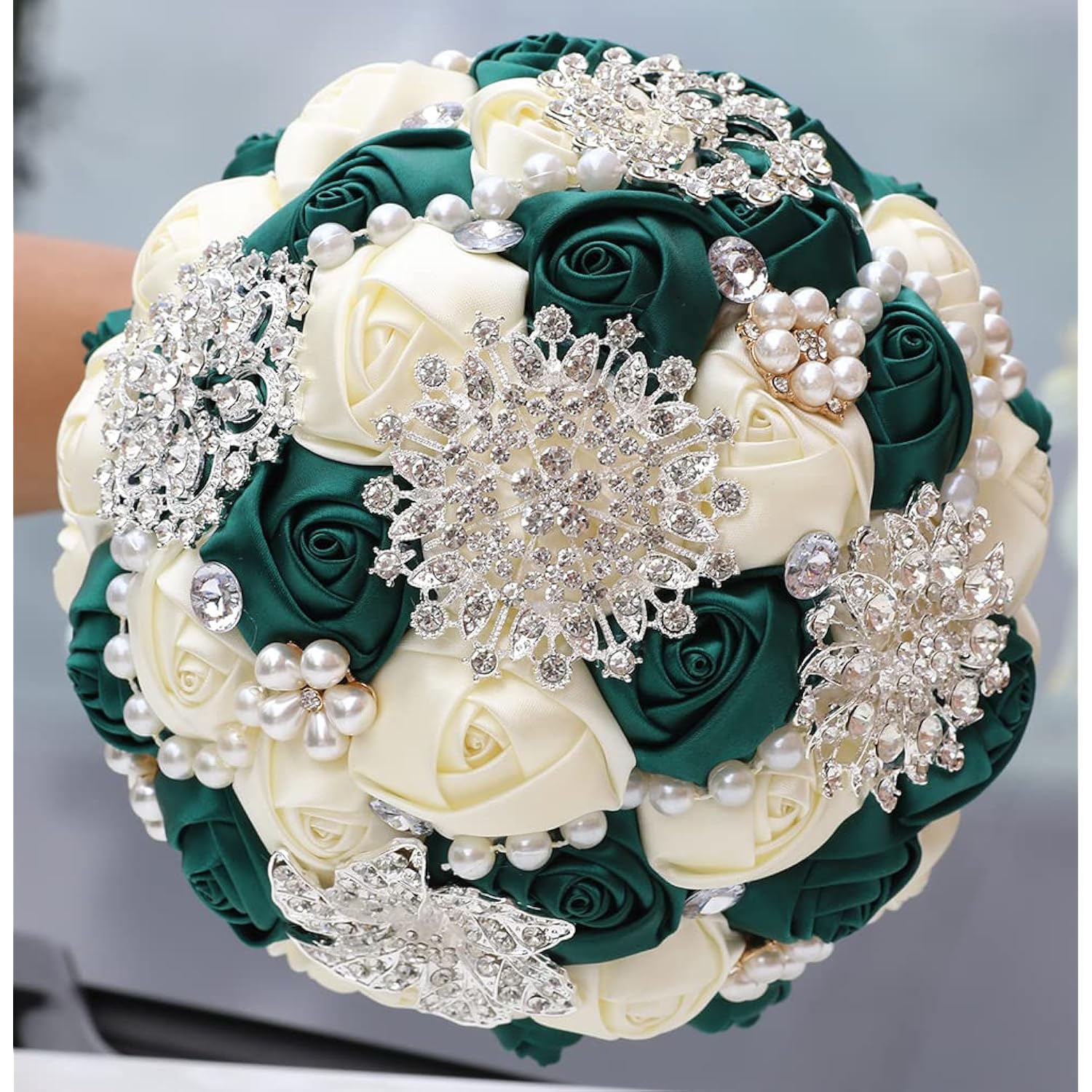 7.9 Inch Handmade Satin Rose Bridal Bouquet Toss Round Wedding Bouquet Throw Toss Artificial Flower Bunch Deep Green + Ivory