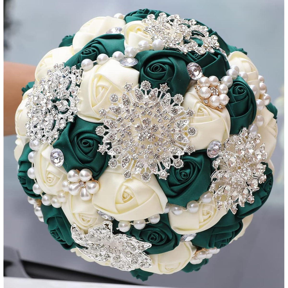 7.9 Inch Handmade Satin Rose Bridal Bouquet Toss Round Wedding Bouquet Throw Toss Artificial Flower Bunch Deep Green + Ivory