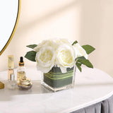 Artificial Peony Silk Flower Centerpieces Faux Floral Arrangement In Glass Vase For Home Wedding Table Decoration (Cream)