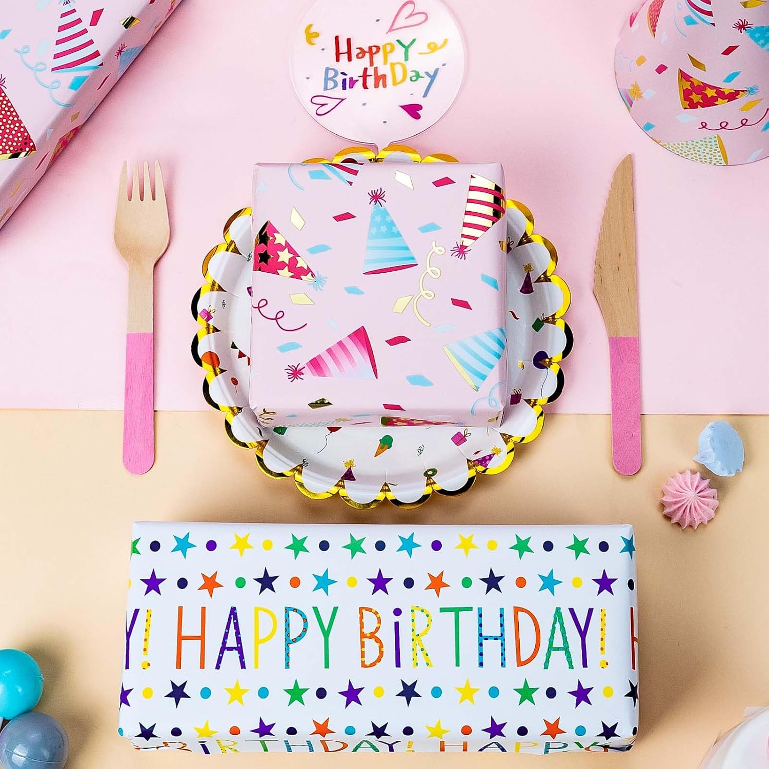 Birthday Hat Wrapping Paper, Reversible Happy Birthday Design Gift Wrap For Baby Shower, Valentines, Mothers Day, Graduation, Wedding, Fathers Day, Christmas (17 Inch X 32.8 Feet)