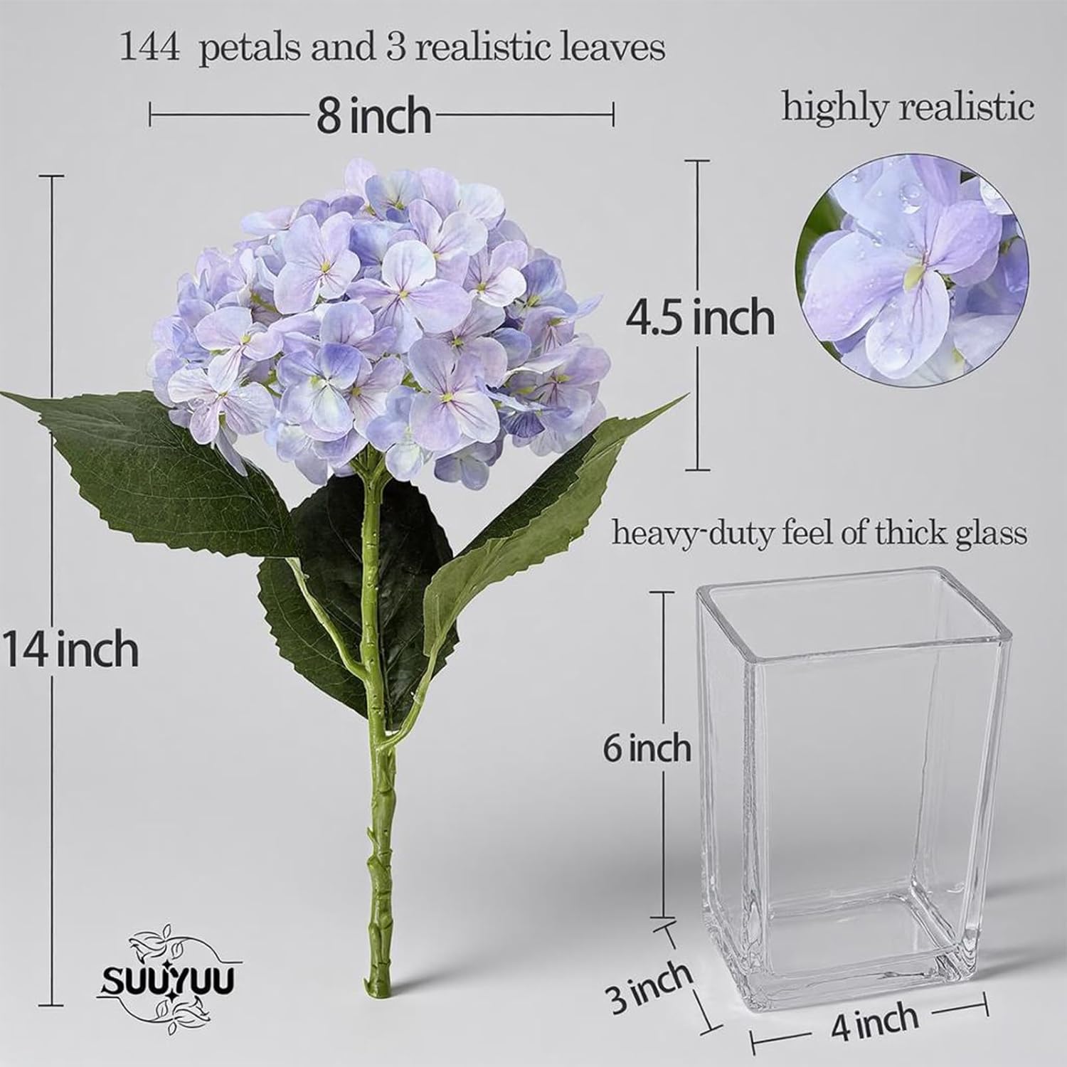 Hydrangea Artificial Flowers With Vase, Real Touch Silk Artificial Hydrangeas Faux Hydrangea Flowers Bathroom Office Coffee Table Centerpieces, Fake Hydrangea Flowers Floral Arrangements In Glass Vase