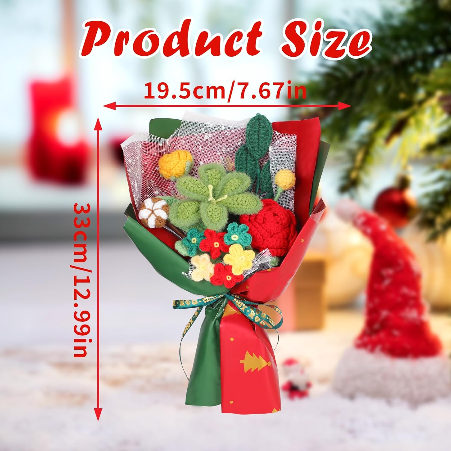 Christmas Crochet Flower Bouquet, Handmade Knitted Flowers Christmas Bouquet With Exquisite Wrap Crochet Flower Arrangements For Xmas Home Party Holiday Decor