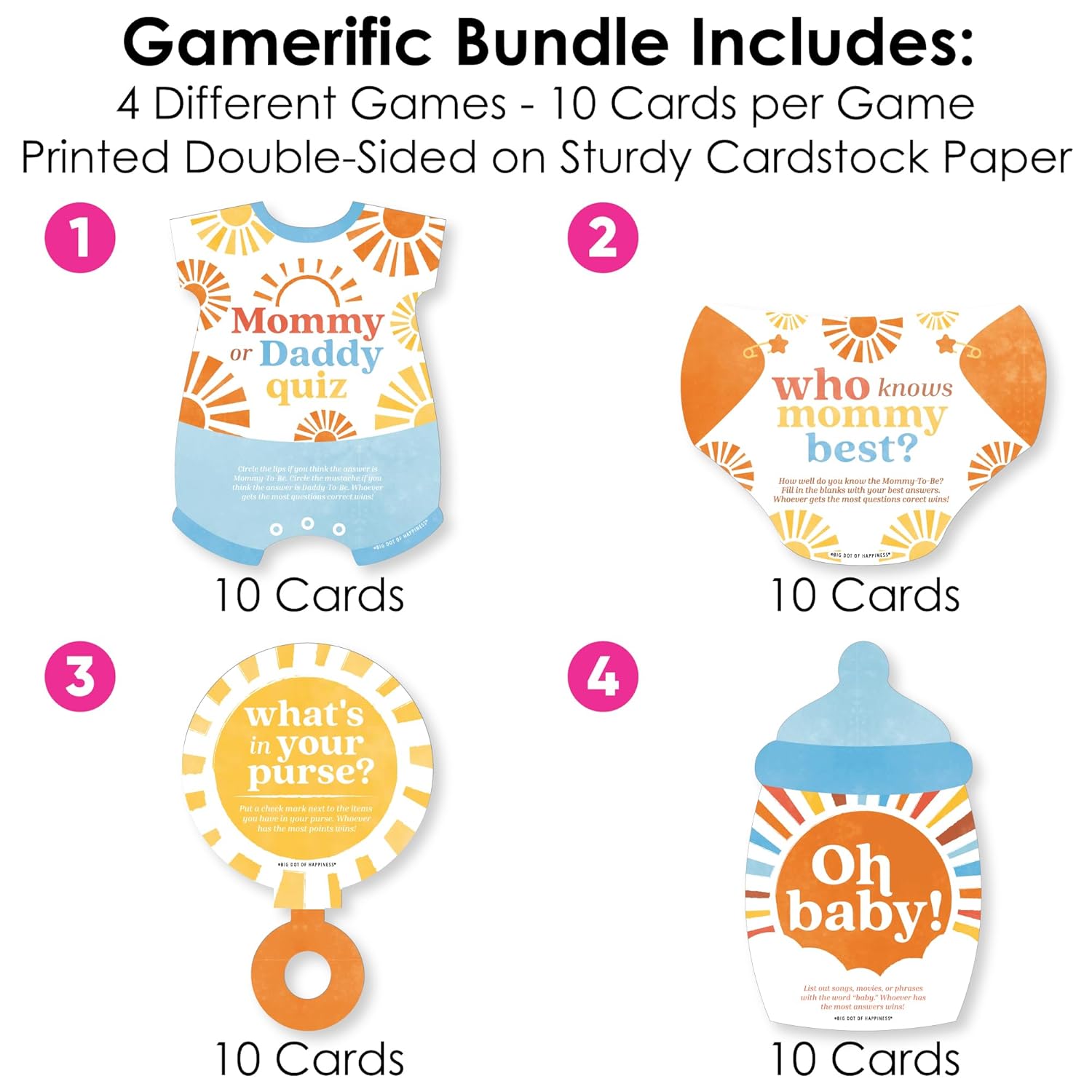 Big Dot of Happiness Here Comes The Son Baby Shower Game Bundle Pack, 4 Boy Boho Party Activities (10 Cards Each) - Who Knows Mommy Best, Mommy or Daddy Quiz, What’s in Your Purse and Oh Baby