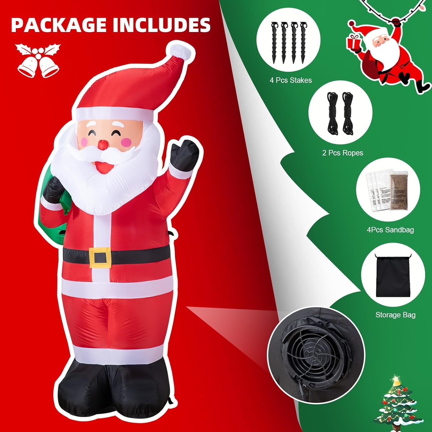 6Ft Christmas Inflatable Santa Outdoor Decoration, Blow Up Santa Claus Carrying Gift Sack Yard Decoration, Large Inflata
