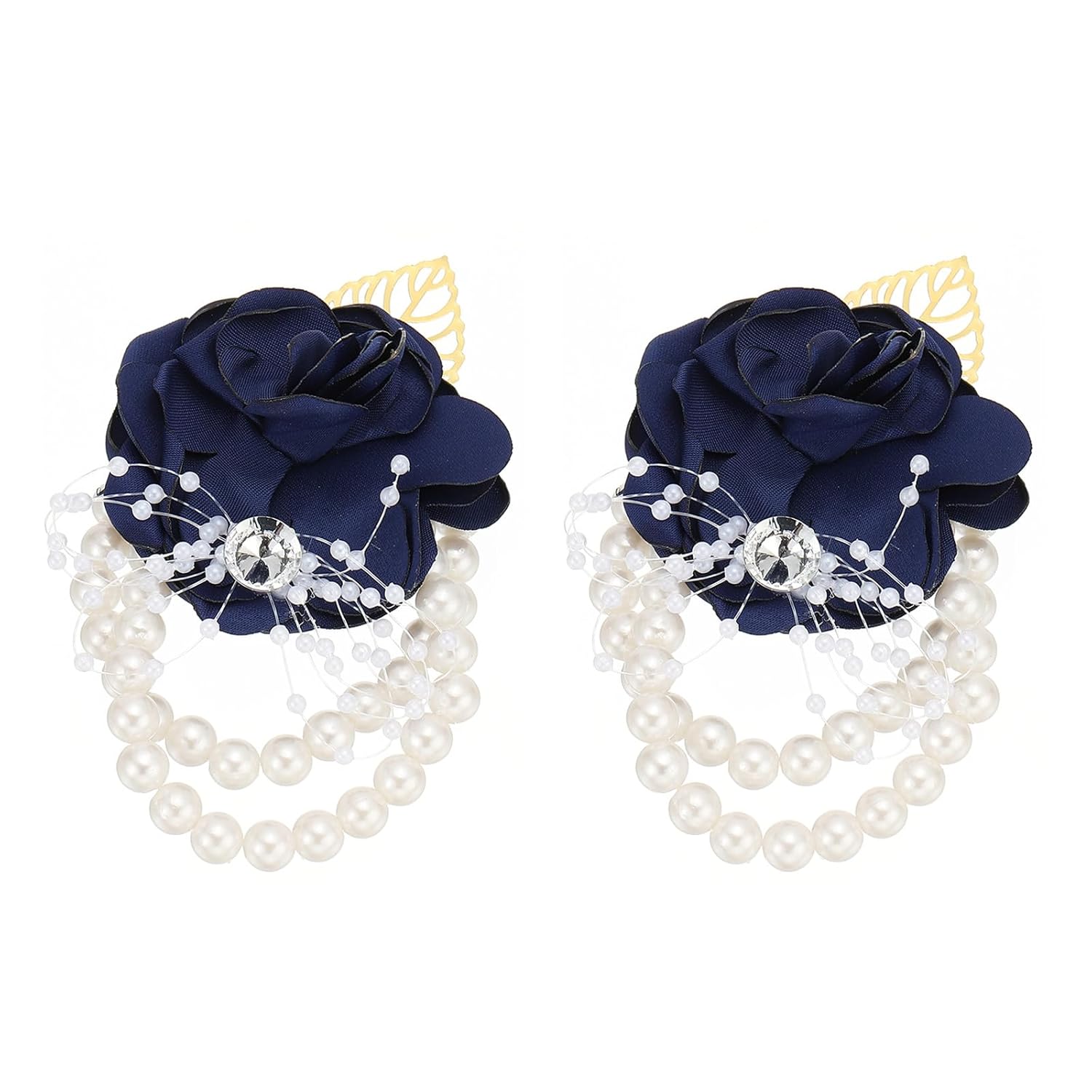 Rose Bridesmaid Wrist Flower, 2 Pack Artificial Rose Flower Wrist Corsage Bride Wrist Corsage For Wedding Party Ceremony, Navy Blue