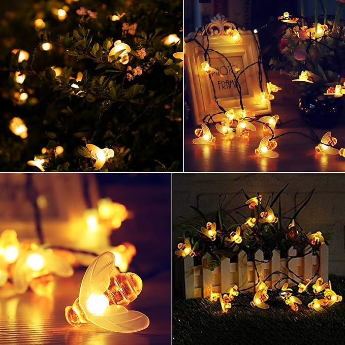 31FT Solar Bee String Lights 50 LED Honeybee Fairy Lights Outdoor Waterproof with 8 Lighting Modes Warm White Decorative Lights for Garden Patio Yard Wedding Party Decor