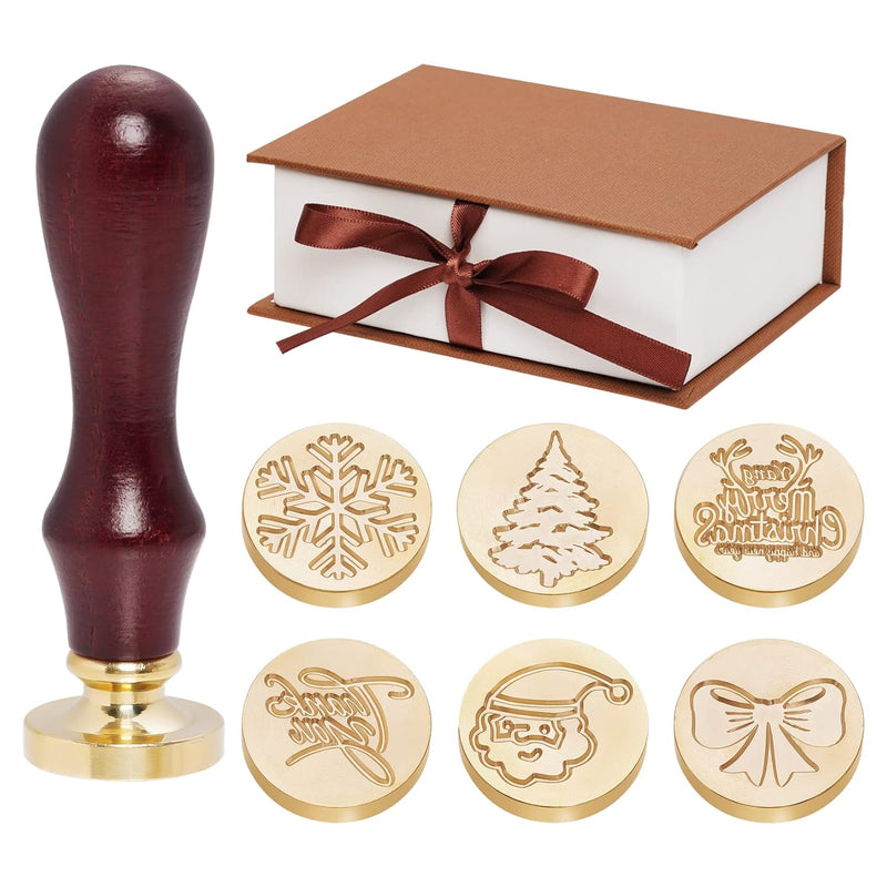 Christmas Wax Seal Stamp Set - 6 Pcs Brass Head With Wooden Hilt - Merry Chris