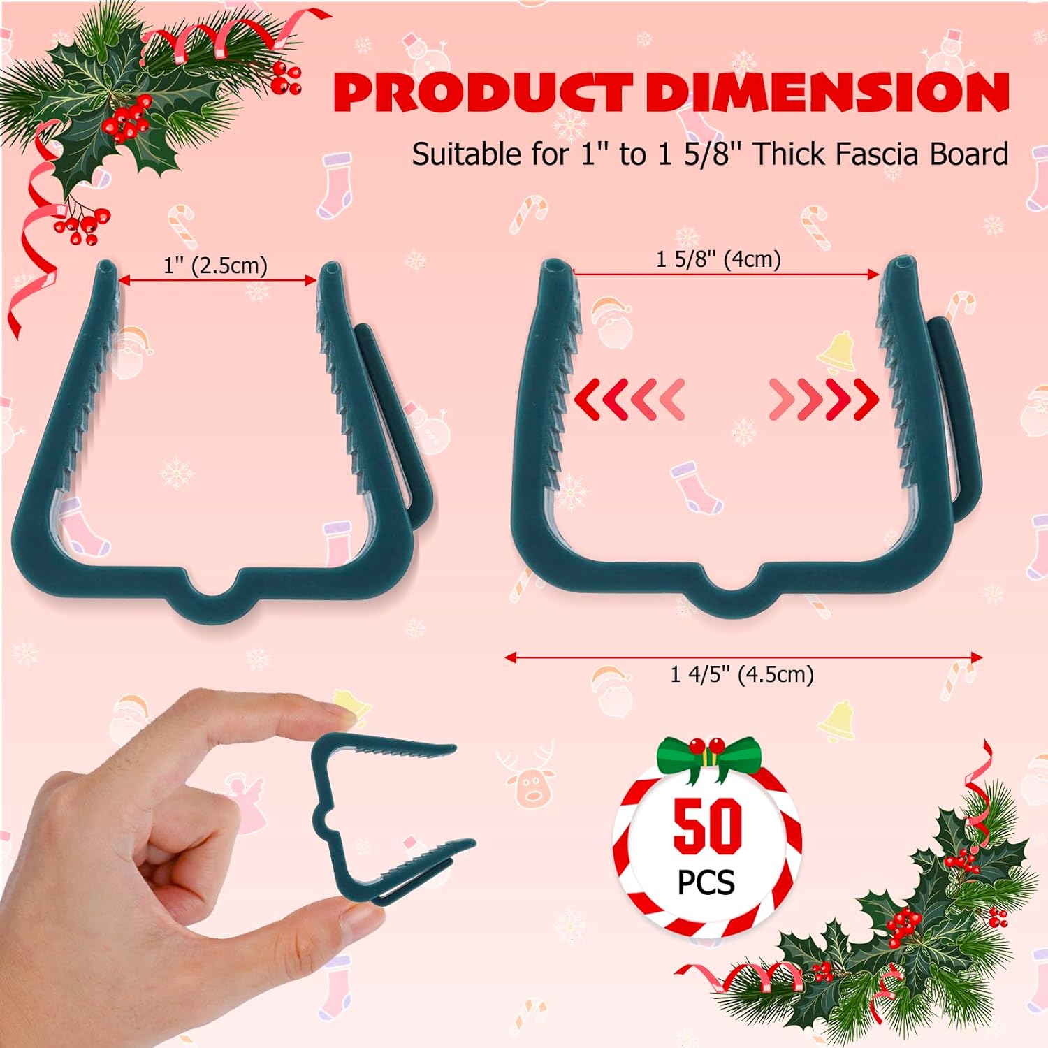 Christmas Light Hanger Clips Fascia Board Light Clips Plastic Holiday Deck Banister Hanger For Christmas Fascia Board Roof Gutter Fence Eave Decoration, Green (50 Pcs, 1 5/8")