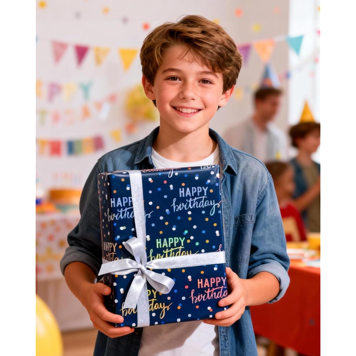 Birthday Wrapping Paper Roll, Blue Metallic Holographic Happy Birthday Wrapping Paper Featuring Revesible Stripe Gift Wrap Paper For Boys Kids Girls Men, 17 Inches X 33 Feet