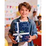 Birthday Wrapping Paper Roll, Blue Metallic Holographic Happy Birthday Wrapping Paper Featuring Revesible Stripe Gift Wrap Paper For Boys Kids Girls Men, 17 Inches X 33 Feet