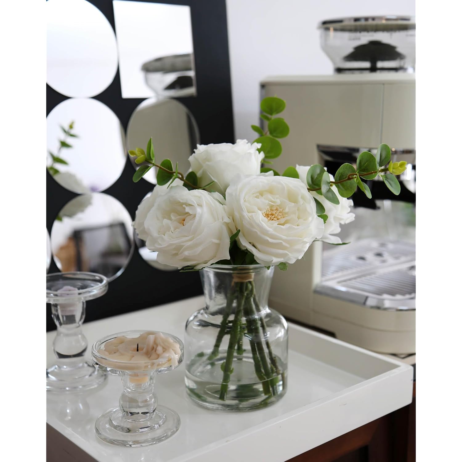 Artificial Flowers With White Roses In Vase, Fix Lifelike Fake Flowers In Vase With Artificial Water, Faux Flower Arrangements For Dining Table Centerpiece Decor