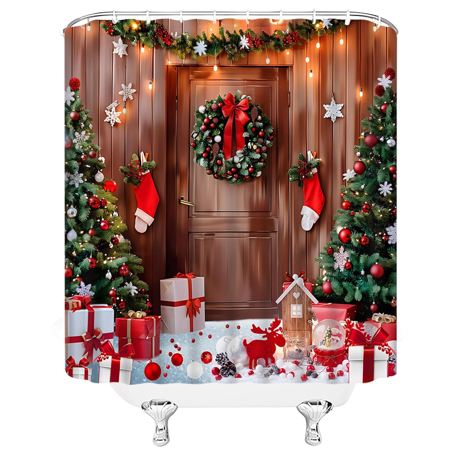 Rustic Christmas Shower Curtain Winter Xmas Tree Farmhouse Wooden Barn Door Wreath Funny Holiday Fabric Bathroom Decor Sets With Hooks