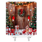 Rustic Christmas Shower Curtain Winter Xmas Tree Farmhouse Wooden Barn Door Wreath Funny Holiday Fabric Bathroom Decor Sets With Hooks