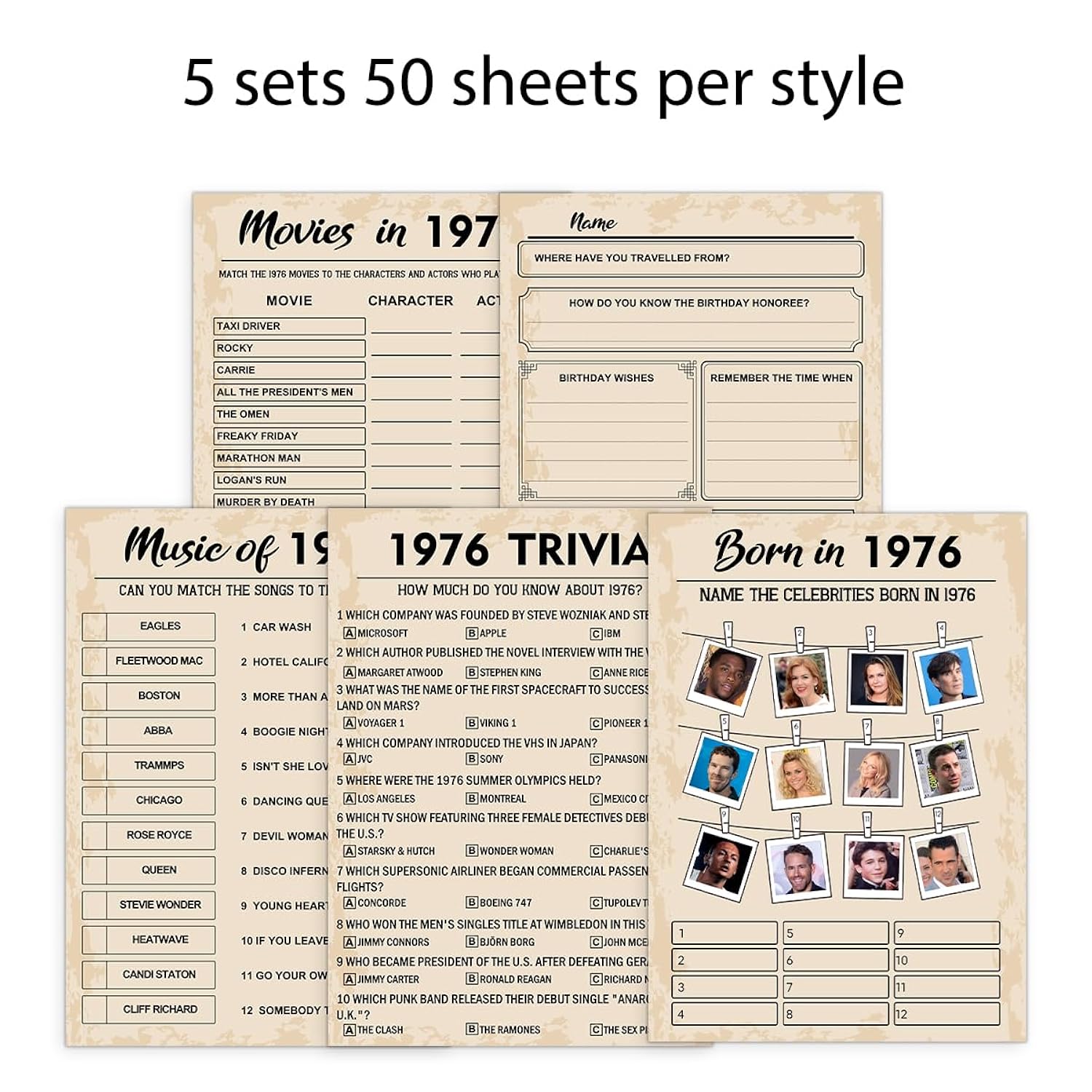 50Th Birthday Party Games,Set Of 5 Activities For 10 Guests, Born In 1976 Games Bundle, Birthday Party Supplies For Adults, Pack Of 50 Cards