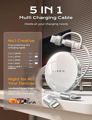 60W 5 in 1 Retractable Multi Charging Cable USB C USB A Lightning Charger Cord for iPhone 17 16 15 Samsung Galaxy iPad