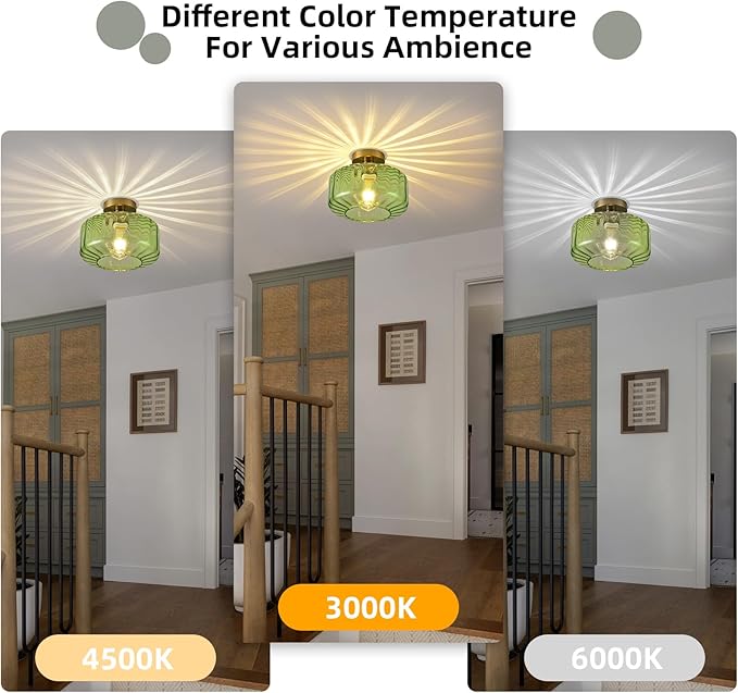 11 Inch Green Glass Semi Flush Mount Ceiling Light Luxury Round Ceiling Fixture