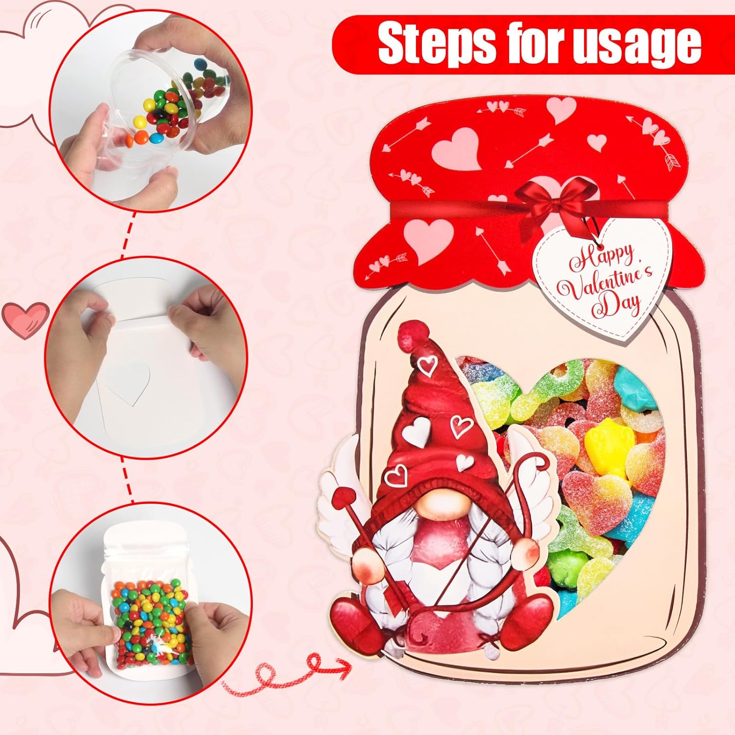 Valentine'S Day Cards For Kids, 48 Pack Happy Valentines Day Gnomes Mason Jar Cards With Treat Bags For Boys Girls Toddler School Class Classroom Exchange Party Favors(Candy Not Included)