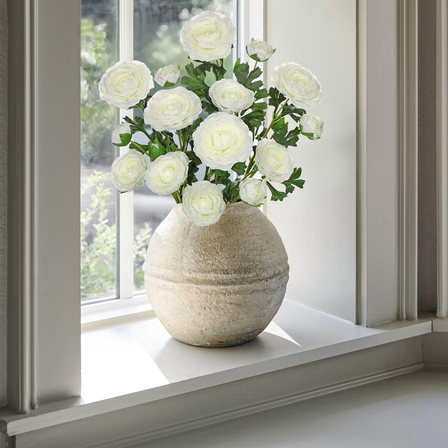 White Ranunculus Artificial Flowers Bouquets, Set Of 5 25.9'' Long Stems Faux Peony, Real Touch Spring Summer Floral Arrangement For Home Decor Wedding Vase Filler Diy Crafts