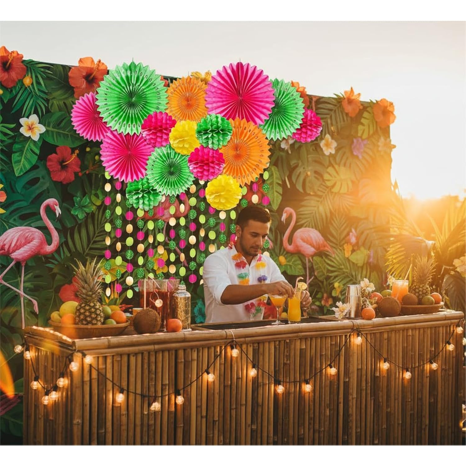 Tropical Party Decorations Paper Fans Colourful Folding Honeycomb Flower Garland Kit Wall Decor For Hawaiian Exotic Summer Beach Pool Party Decoration Birthday Celebration Supplies 12Pcs