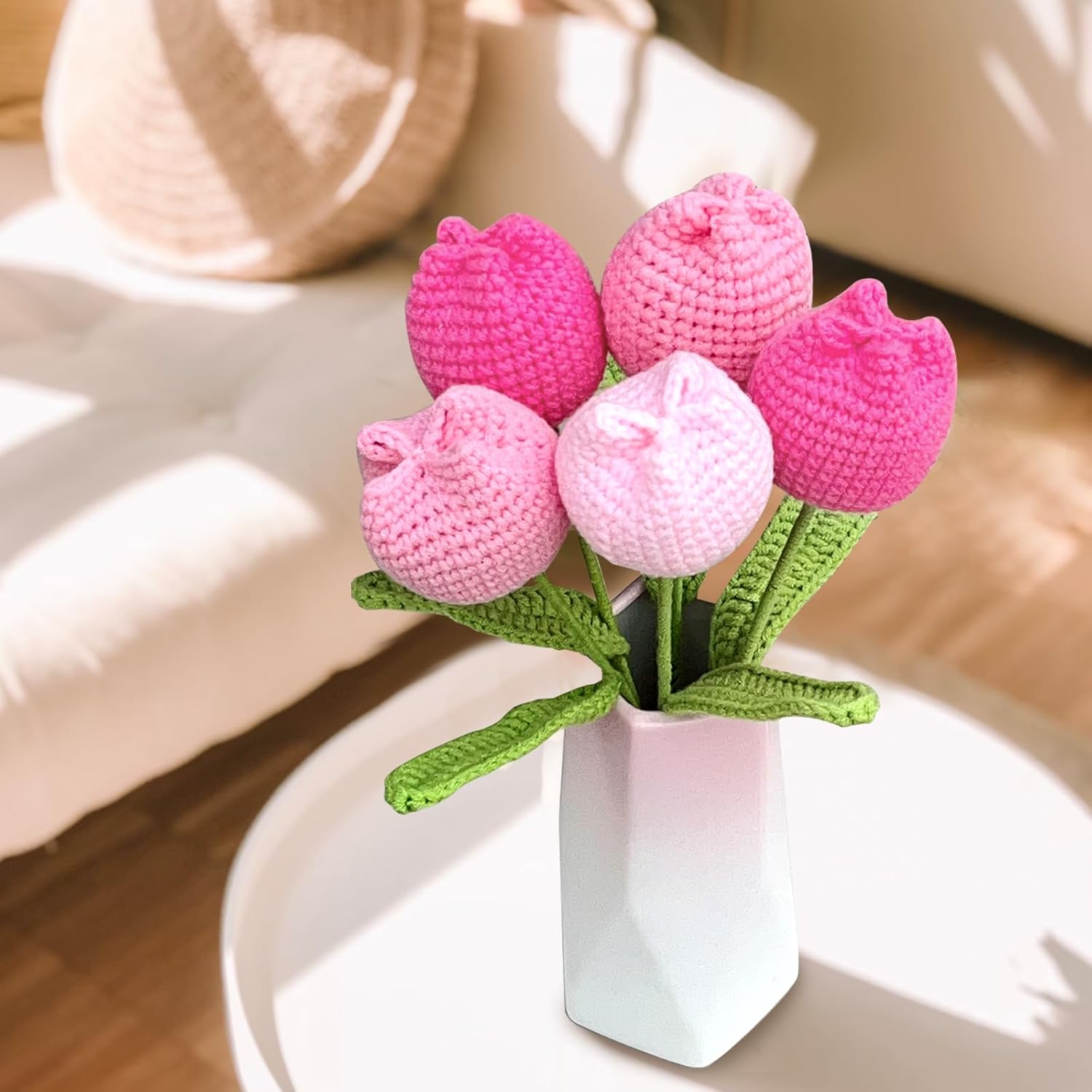 Crochet Tulip Flower Bouquet, Handmade Knitted Artificial Tulip Flowers, Gift For Mom Wife Women(Pink)