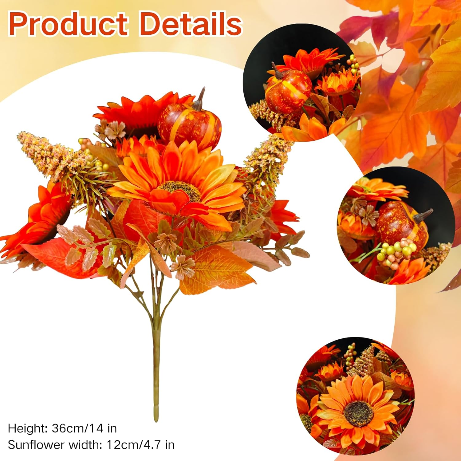 2Pcs Sunflowers Artificial Flowers, Fall Fake Sunflower Bouquet Silk Yellow Flowers For Centerpieces Decor Party Table Gravesites Fall Floral Arrangements Wedding Home Decoration Home Decoration